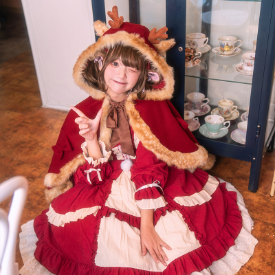 taobao agent 织锦园Lolita冬季酒红色毛呢斗篷鹿耳披风外套新年圣诞节秋野鹿鸣