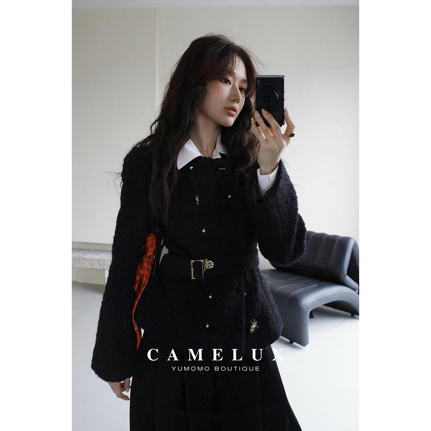 【Линия Camelux】 Двубортный пиджак из твида с обручами из шерсти альпаки высочайшего качества в стиле CE show.