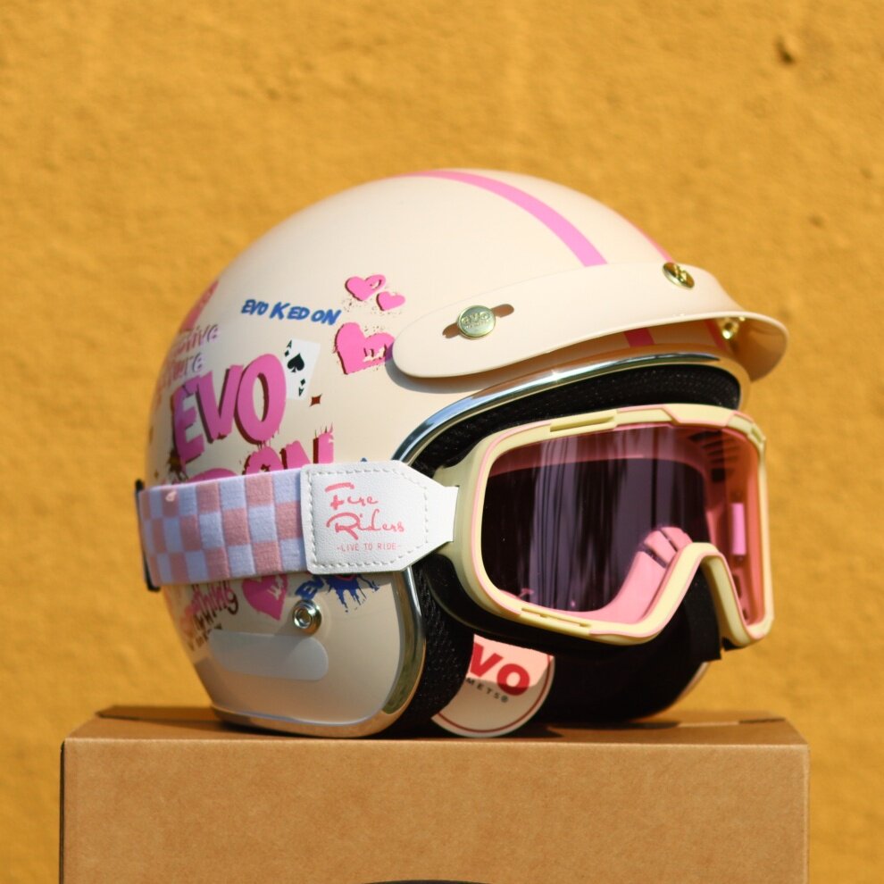 Evo Kedon Retro Helmet for Motorcycle Scooters/Electric Bikes, Women's All-Season Riding Safety Helmet, Heart Pink