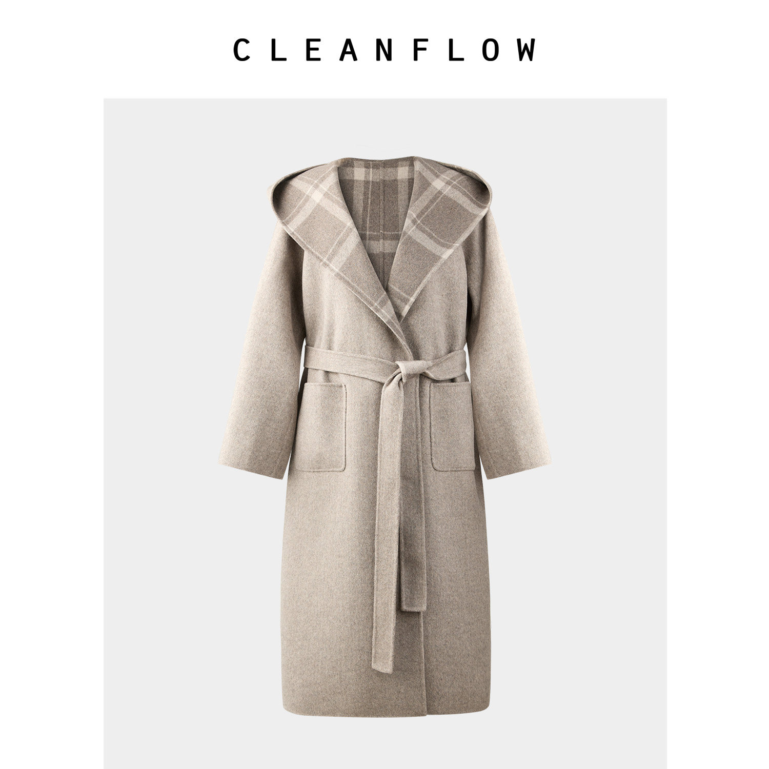[Носить с обеих сторон] CLEANFLOW | Бежевое шерстяное пальто в клетку с капюшоном и шнуровкой, новинка зимы 2025 года.