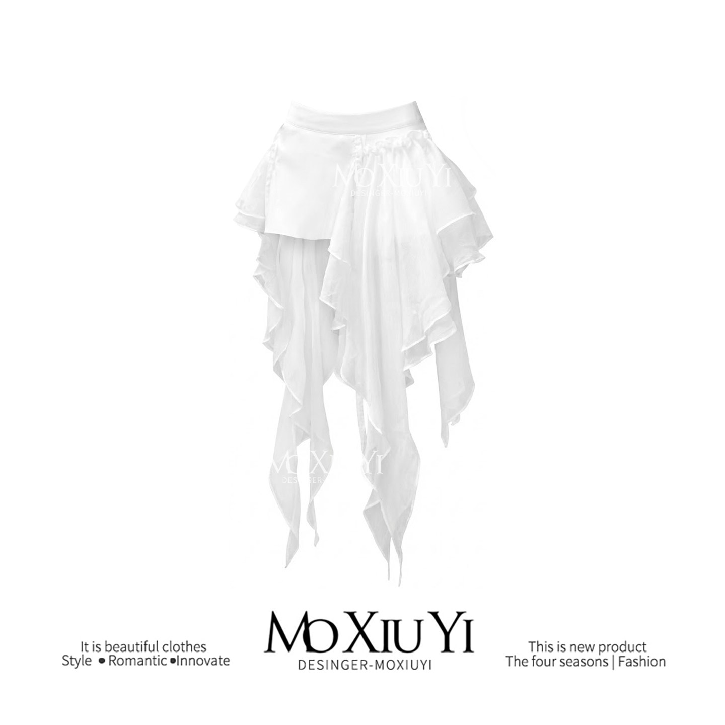 【Пятно】 Раскованный момент MoXiuYi, белая юбка неправильной формы, женская летняя юбка с оборками и низкой талией