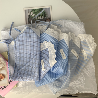 taobao agent 夜间教习室法式复古格子头巾多巴胺蓝色发饰田园风甜美三角包头巾