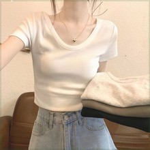 Instagram Pure Desire Style U-Neck Short sleeved T-shirt Women's Summer Slim Fit and Slimming Design Sense Collar Thread Shoulder Short Top