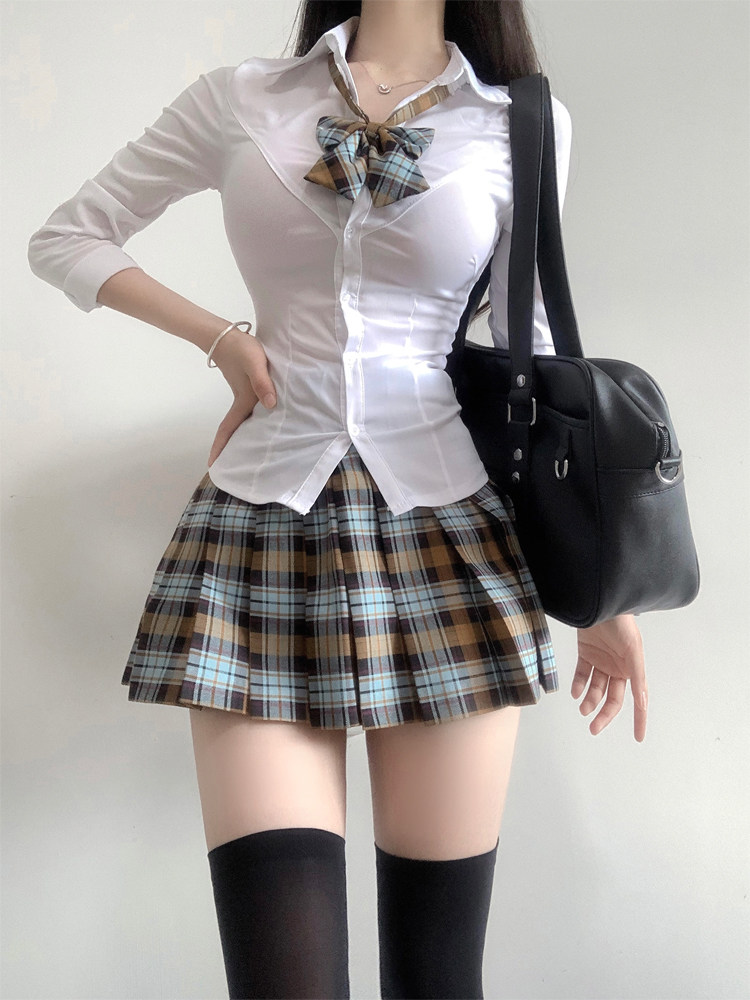 Original Mars JK waist-cinching long-sleeved women's autumn rice-scented short 39cm plaid skirt figure-flattering uniform stretch shirt