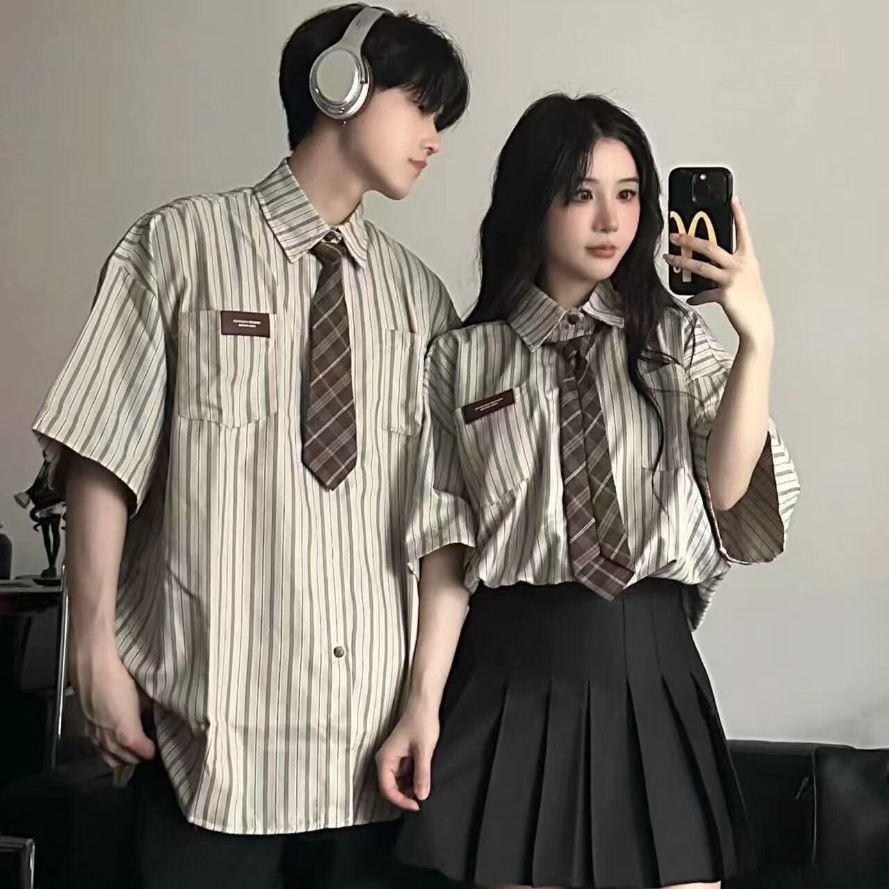Summer Plus Size 250kg Hong Kong Style Retro Couple Shirt Men's Loose Short-Sleeve Striped Short-Sleeve Shirt with Stylish Design
