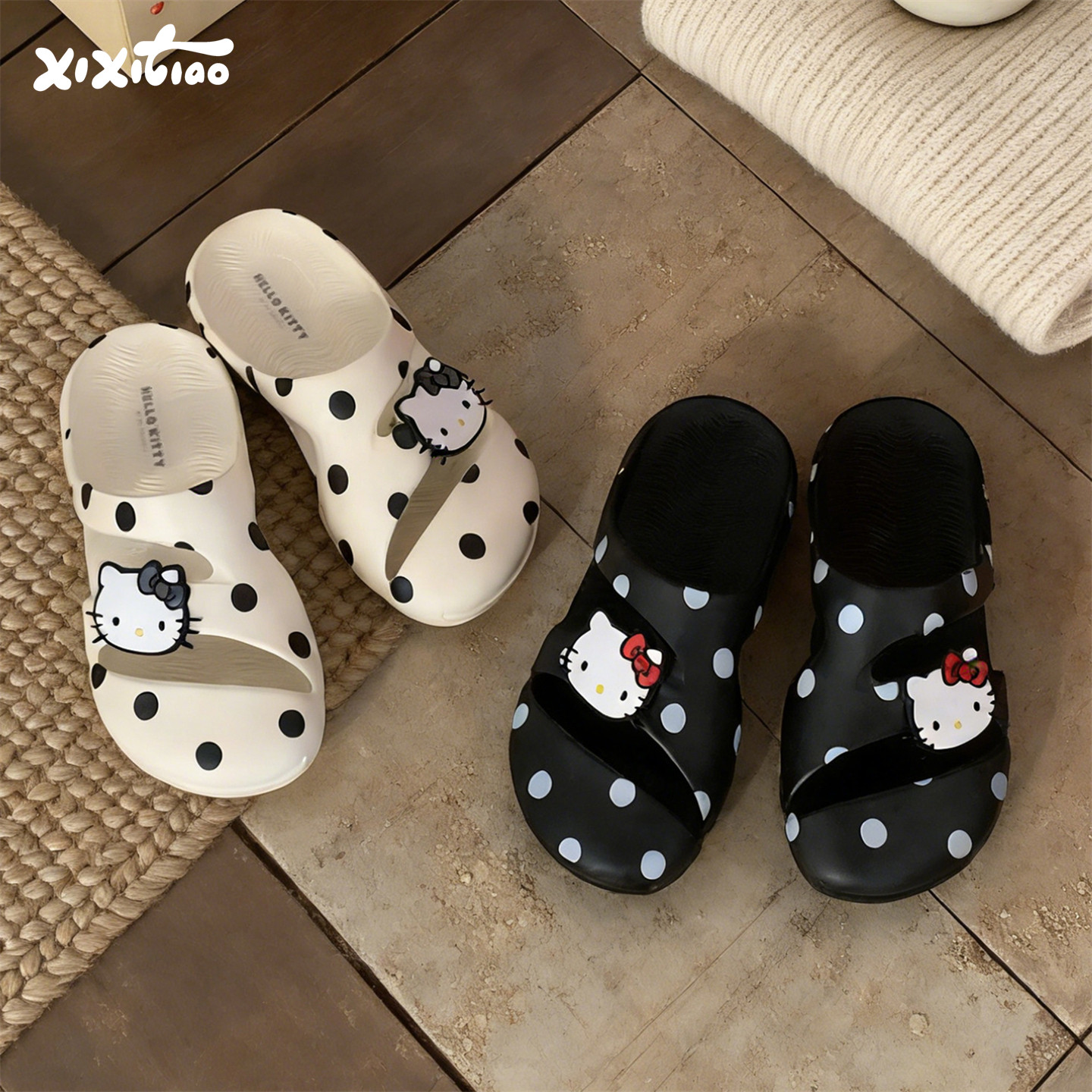 Уличные сандалии и тапочки HelloKitty в тонкую полоску из натуральной кожи; женские летние милые нескользящие пляжные туфли для плавания с отверстиями.