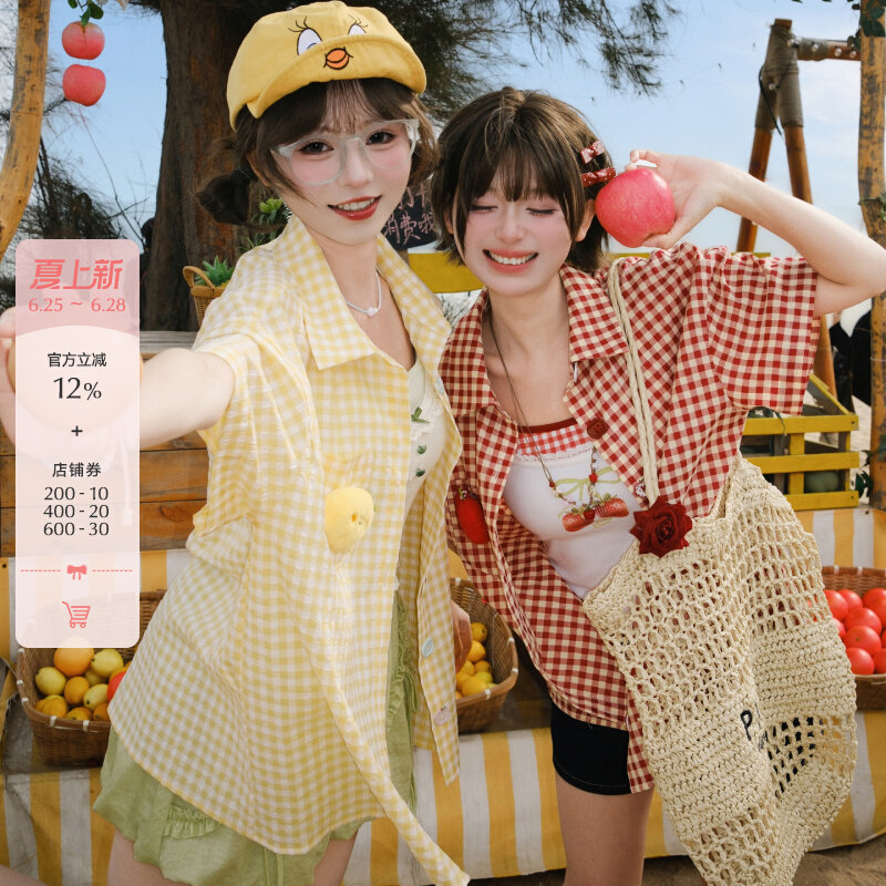 Forest girl tribe dopamine red checkered short sleeved shirt for women summer cute thin shirt jacket loose top new style