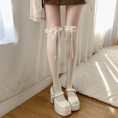 taobao agent 夜间教习室天鹅绒长筒袜子女秋款白丝袜蕾丝花边白色洛丽塔过膝袜