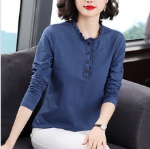 Long sleeved t-shirt for women in 13 years old store, four colors, new long sleeved products, brother's new women's pure cotton loose fitting 2023 Spring and Autumn Mom's ear edge standing collar top