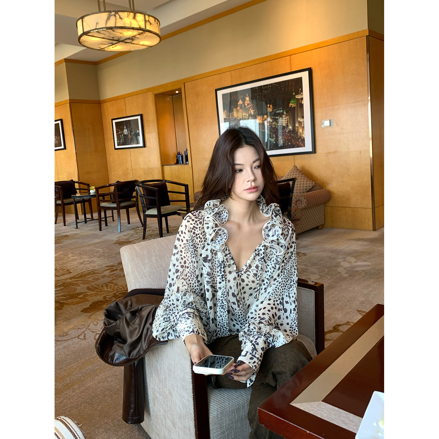 MAR French Retro Handmade Pleated Three-Dimensional Ruffle Leopard Print Blouse, New Women's Long-Sleeve Shirt