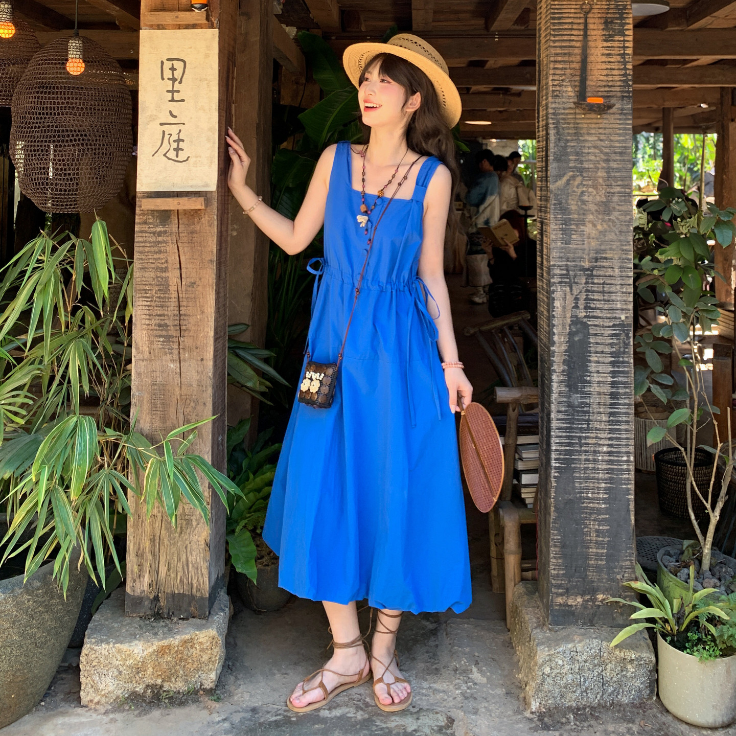 Forest girl tribe Klein blue dress beach vacation sleeveless dress women summer blue small cotton long dress