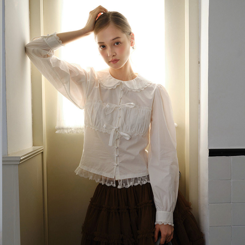 Retro French style unique and exquisite lace trim women's autumn white bow Peter Pan collar long sleeve shirt
