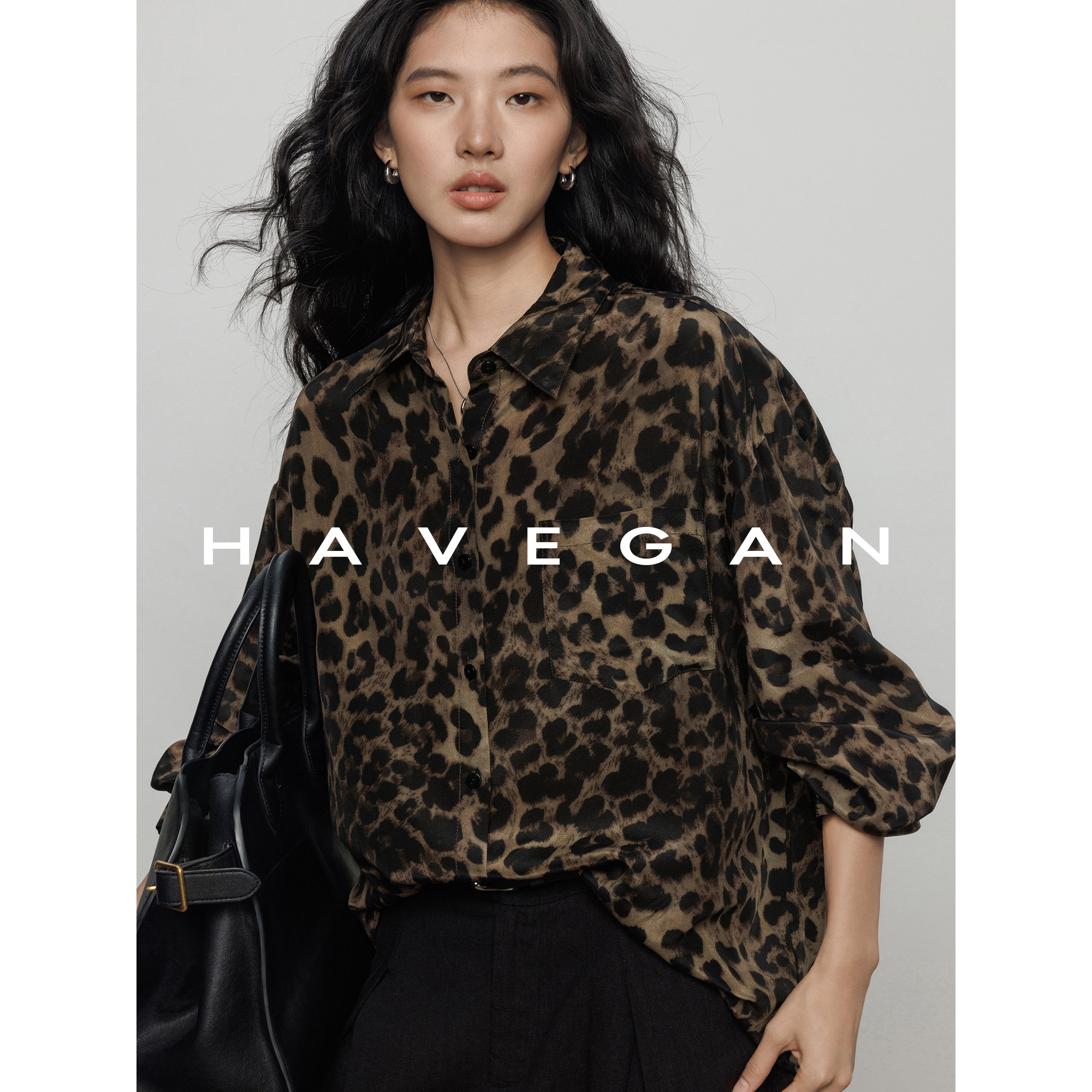 With HAVEGAN/Autumn 100 Silk Leopard Print Long-Sleeved Shirt Women's Relaxed Old Money Mulberry Silk Top