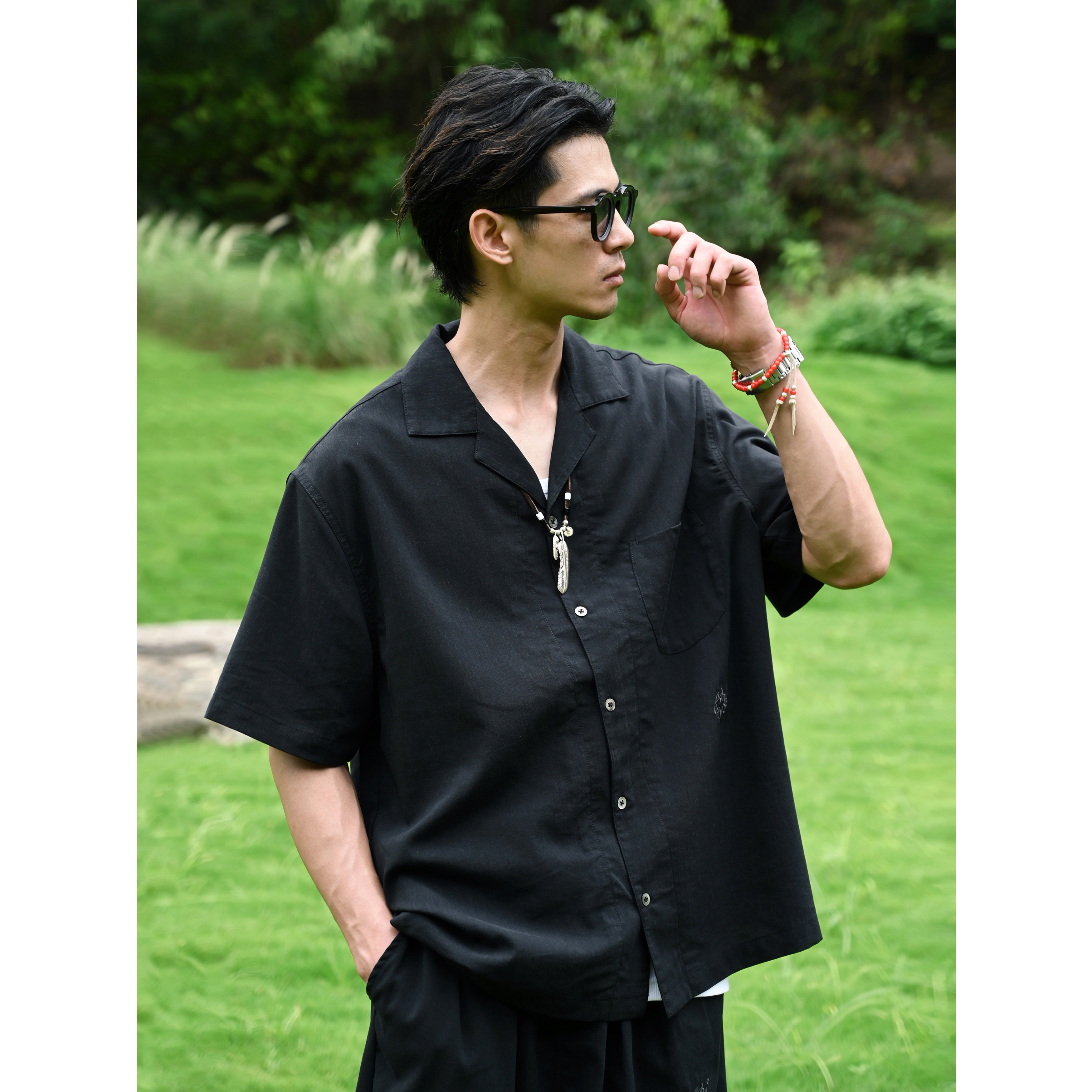 Рубашка с короткими рукавами и вышитым кубинским воротником RUSHBON 26SS Japan Lyocell Tencel linen blended curved patch bag