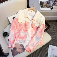 Korean pink denim jacket, women's spring and autumn loose fit, small stature, Hong Kong style color blocking jacket, short top Instagram trend