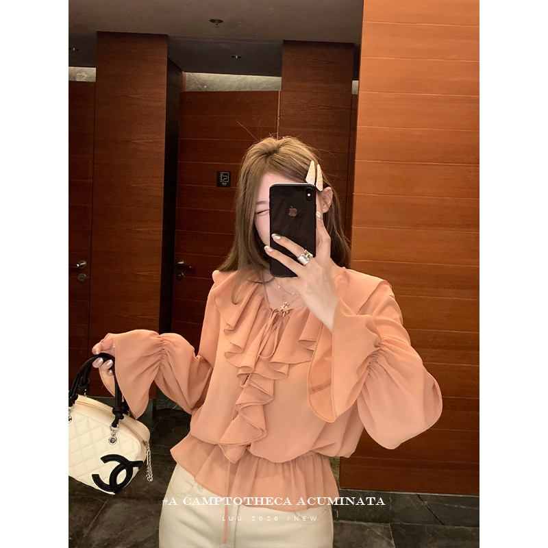 LUU Peach Joy / Ruffled V-neck Thin Shirt Top Women's Spring and Autumn Design Long Sleeve Loose Chiffon Blouse