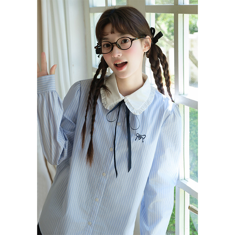 Blue striped pure cotton shirt with Peter Pan collar and bow tie, suitable for junior and senior high school students, class uniform shirt (2026).