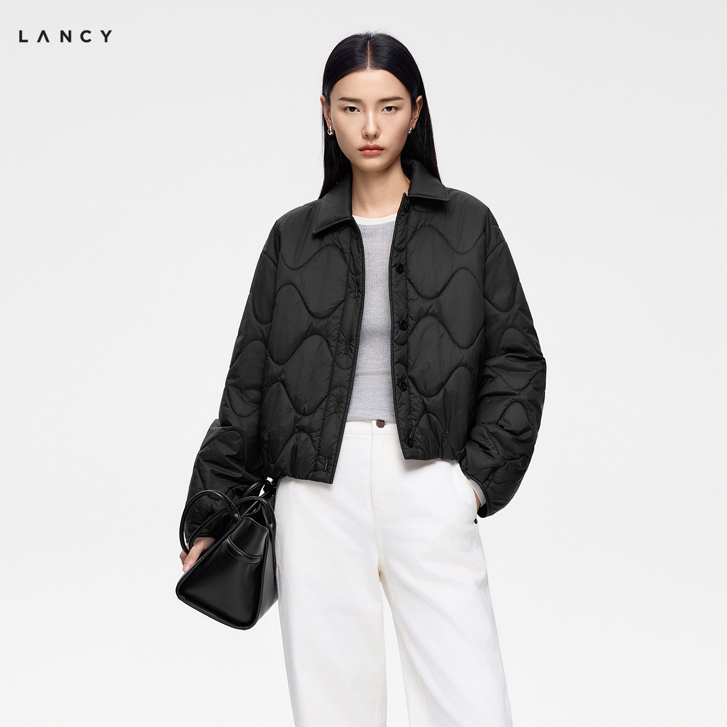 LANCY/Langzi, новинка зимы 2026, черная волнистая стеганая куртка с лацканами из легкого хлопка, повседневная короткая куртка для женщин