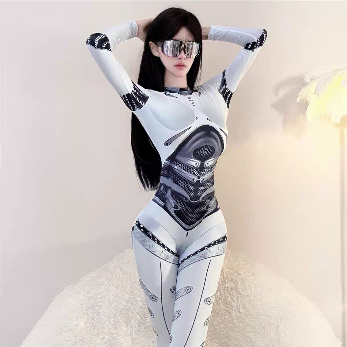 Cyberpunk-inspired costume: female warrior bodysuit, robot, cyberpunk mechanic performance outfit