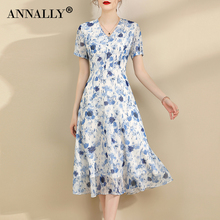 Annally's new summer women's clothing mid length, elegant and elegant, slim fitting blue chiffon dress