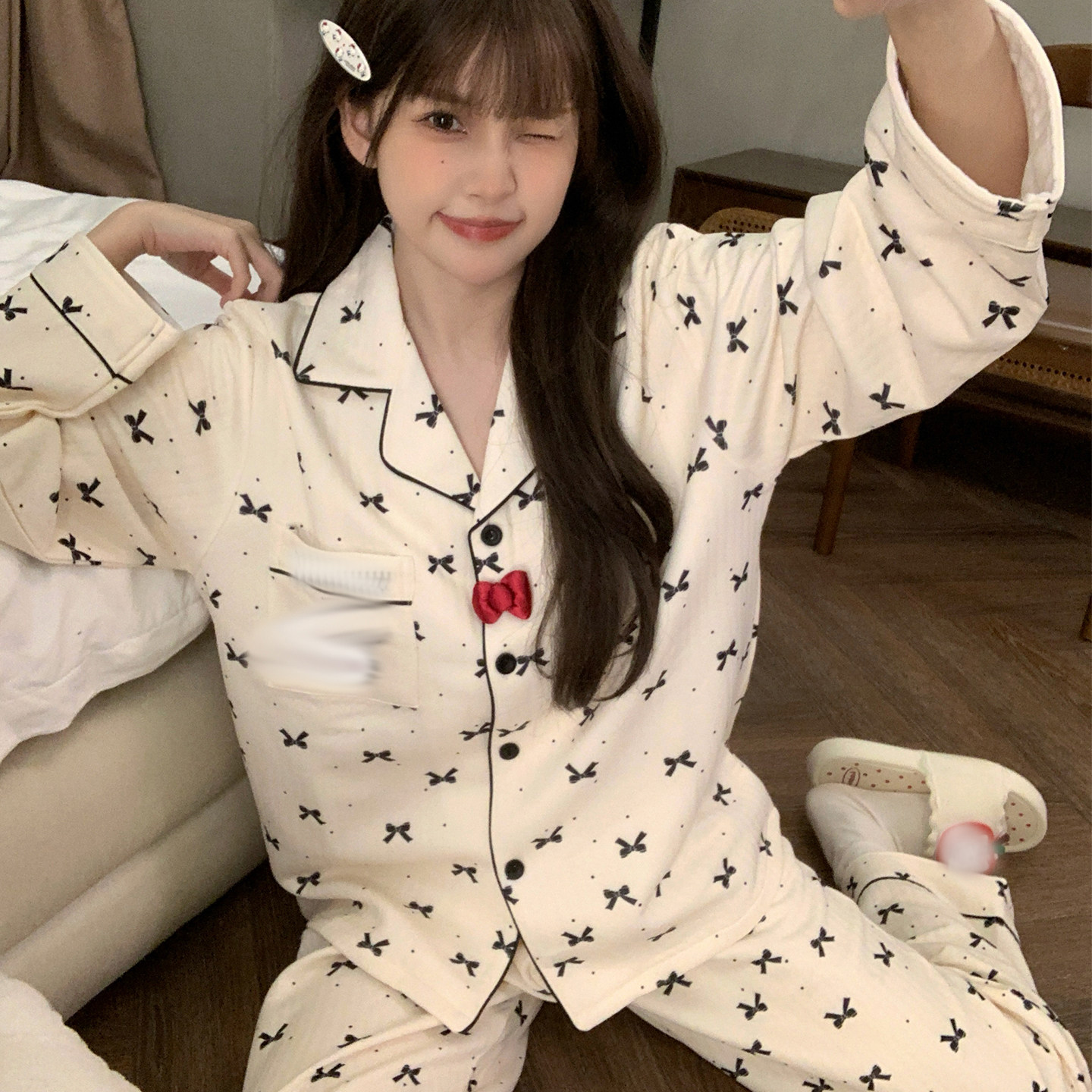 пижама hellokitty Hello Kitty, женская новинка 2025 года, хлопковая пижама с длинными рукавами и бантом, сетчатый красный костюм для домашнего использования
