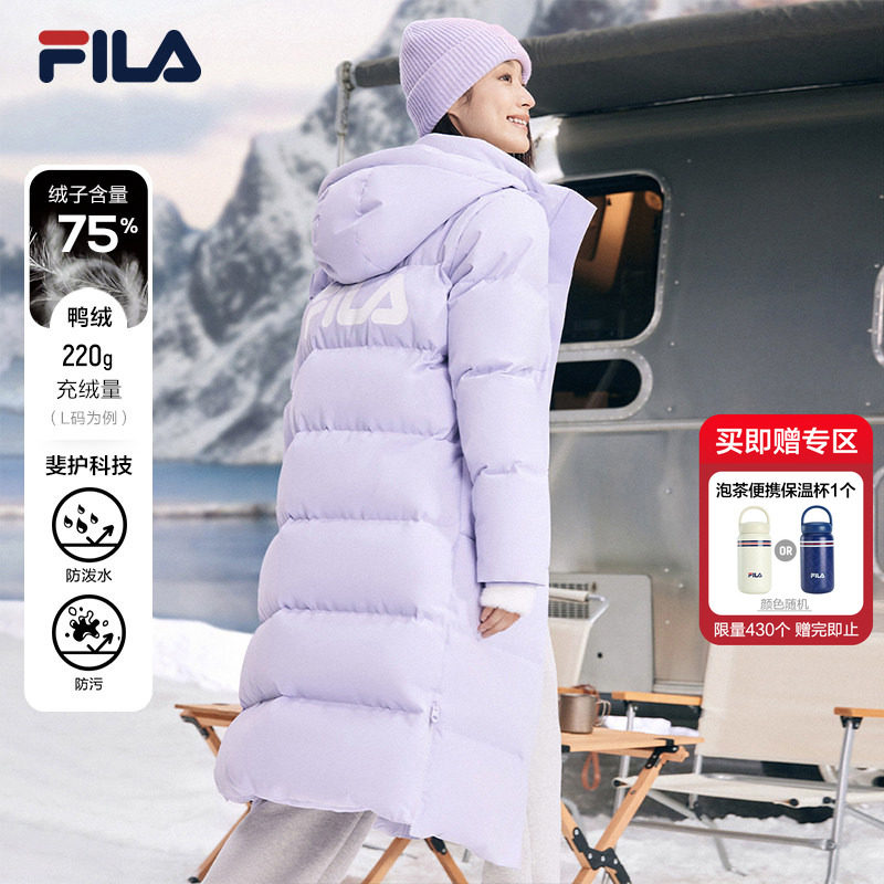 Женский пуховик FILA, осенне-зимняя утепленная куртка с капюшоном на молнии, длинная водоотталкивающая и противообрастающая теплая куртка для женщин
