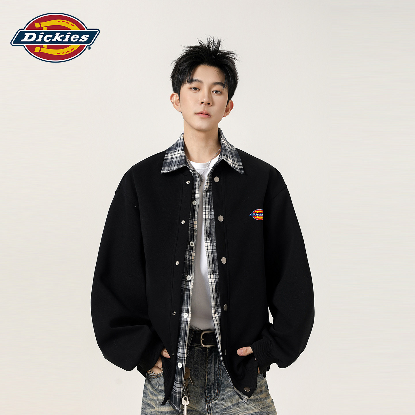 Dickies美式假两件格纹拼色开衫卫衣男秋季潮牌宽松休闲翻领外套