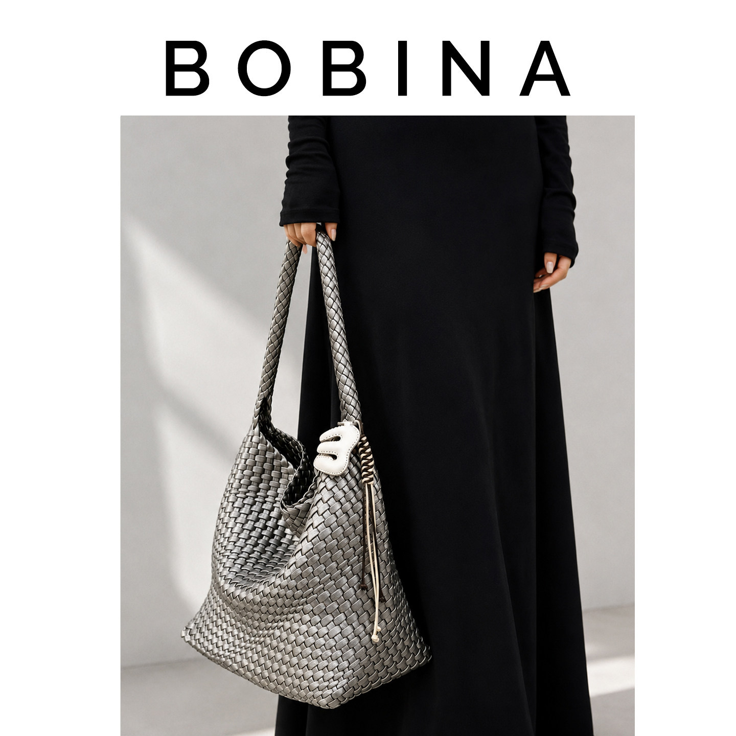 Серебряная тканая сумка BOBINA, женская летняя сумка-тоут большой емкости, сумка-ведро, кожаная сумка через плечо, повседневная сумка для поездок на работу
