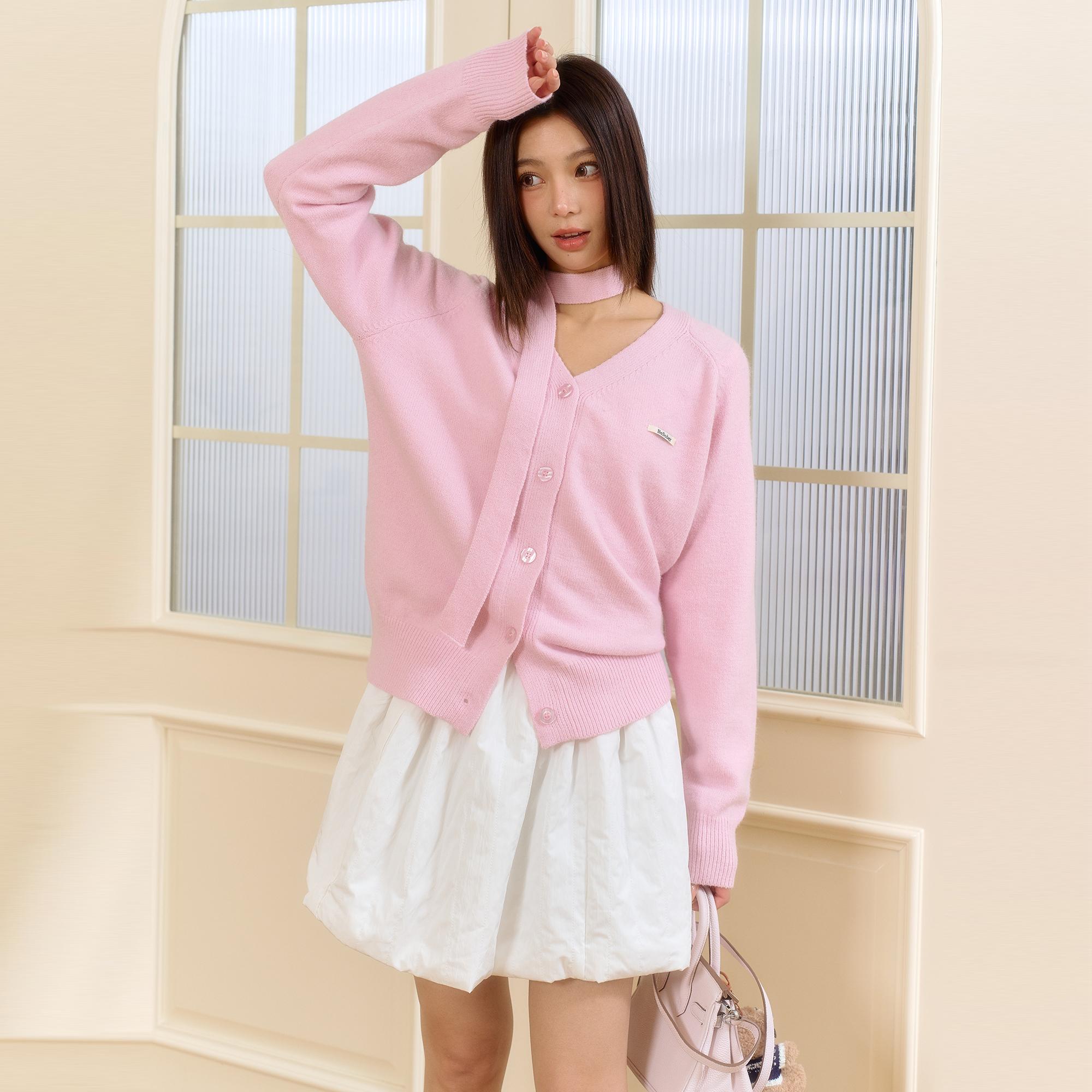 Оригинальный вязаный кардиган BESOBER розового и белого цветов с v-образным вырезом, женский весенний свитер с длинными рукавами в корейском стиле 