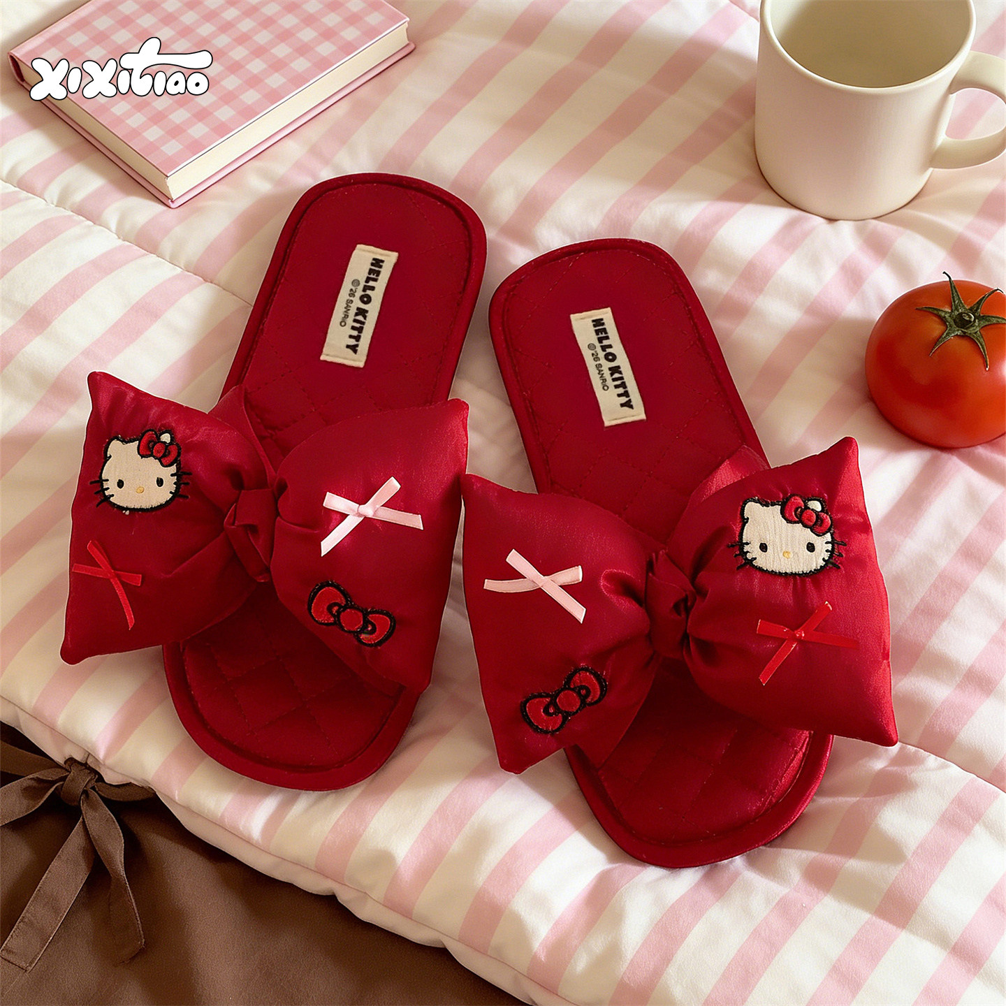 Authentic Hello Kitty cotton slippers for women, featuring a thin stripe design, breathable and sweat-absorbent satin finish, suitable for all seasons and popular on Instagram.