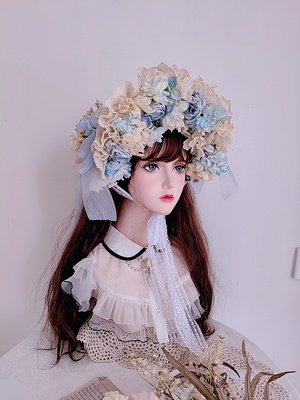 taobao agent 原创手作淡蓝色玫瑰草帽扁帽Lolita华丽优雅茶会田园法式波奈特