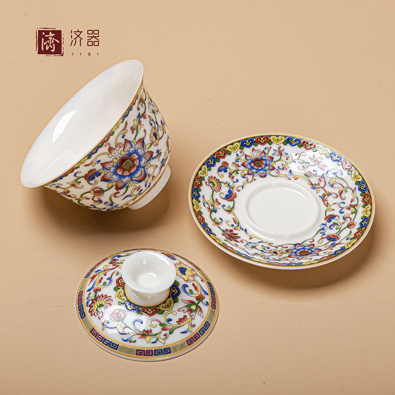 Легкая роскошная эмалированная миска с крышкой tangled lotus Sancai, чайная чашка, чайник, высококачественный чайный сервиз, подарок для старших и учителей