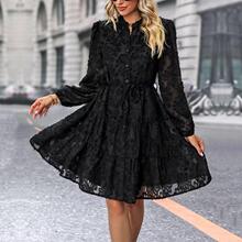 European and American style fashionable long sleeved stand up collar tie up waist dress Standing Neck Lace Up Dress