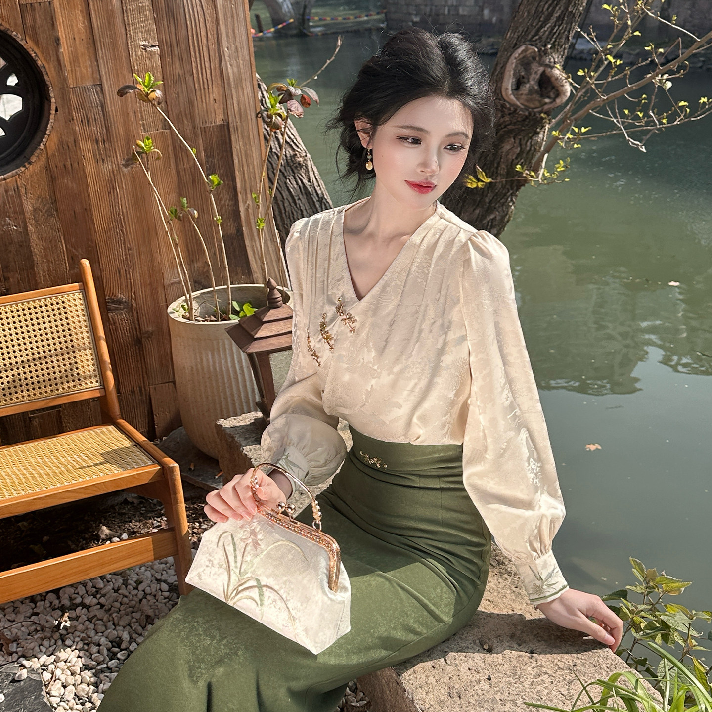 Женская одежда Xiaoba на заказ [Коллекция Bamboo], новое платье в китайском стиле, ранняя осень, красивый атласный кружевной костюм в национальном стиле, длинная юбка