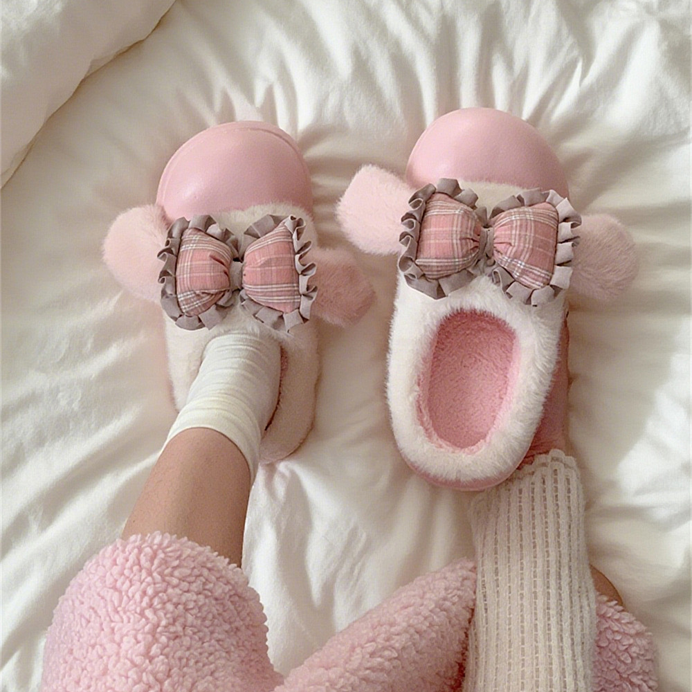 Thin striped winter home and outdoor wear, non-slip thick-soled furry shoes, new cute bunny ear Lolita cotton slippers for women