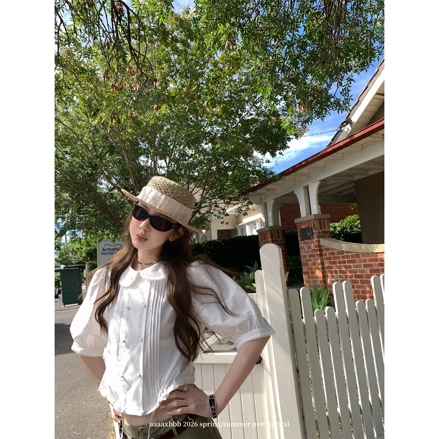 aaaaxbbb Panama Rose Mid-Sleeve Peter Pan Collar Pure Cotton White Shirt with Cuffed Placket, Lace Trim, and Puff Sleeves for Women