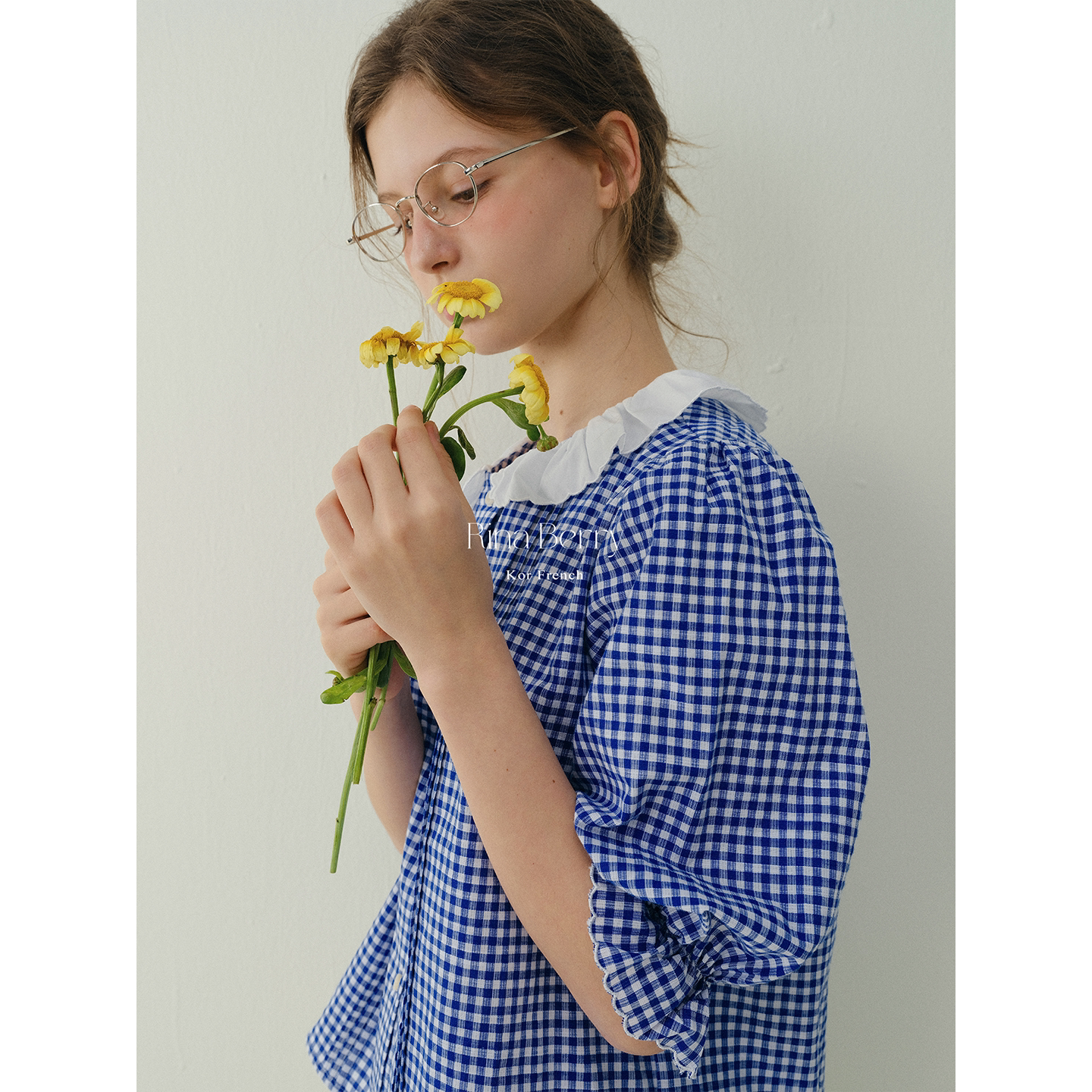 Rina Berry Blue and White Check Peter Pan Collar Mid-Sleeve Summer Preppy Style Artistic Temperament Everyday Commute Shirt