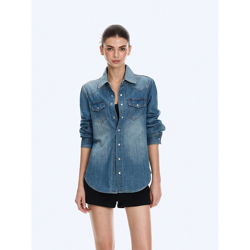 ousph classic denim collar retro blue denim shirt for women, loose long sleeves, casual layering jacket