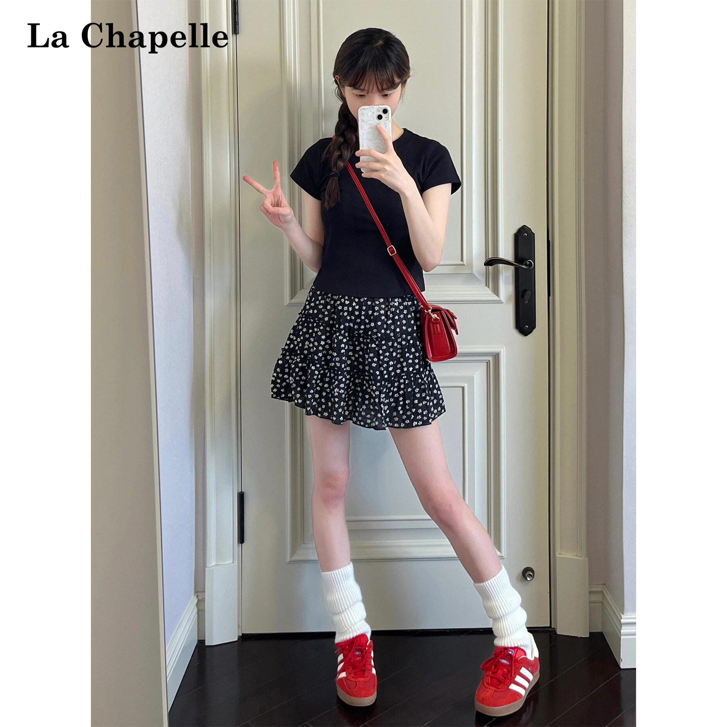La Chapelle/ корейская черная короткая юбка с цветочным рисунком для девочек, летняя новая юбка-торт, тонкая юбка трапециевидной формы