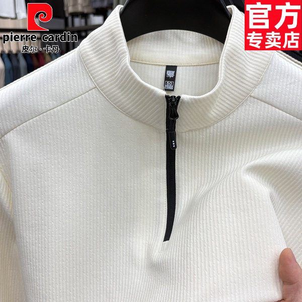 Pierre Cardin Spring New Casual Fashion Versatile Comfortable Top Men's Half Zipper Stand up Collar Long Sleeve T-shirt White