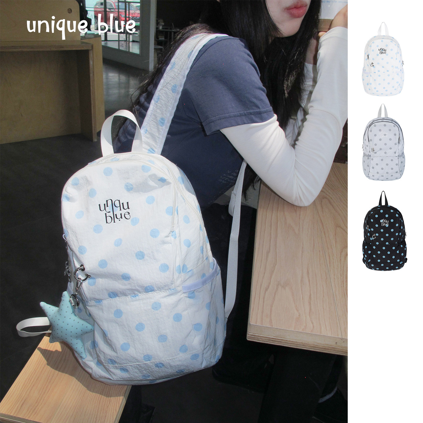 Uniqueblue韩系波点印花双肩包女尼龙旅行背包休闲通勤学生书包
