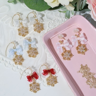 taobao agent 【芝士猫手作】圣诞g雪花蝴蝶结水钻轻奢lolita小物耳饰耳钩耳夹