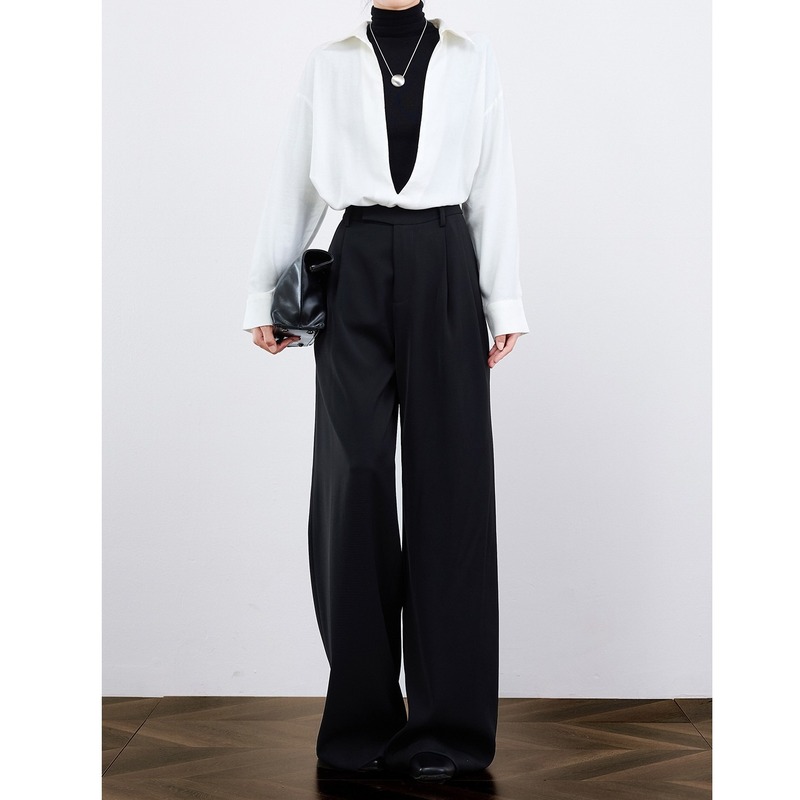 ZHEYE 【шерстяные брюки】 Черные костюмные брюки прямого кроя с высокой талией, женские осенние повседневные брюки с драпировкой в пригородном стиле