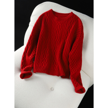 350G all wool! Women's round neck loose long sleeved pullover knit sweater