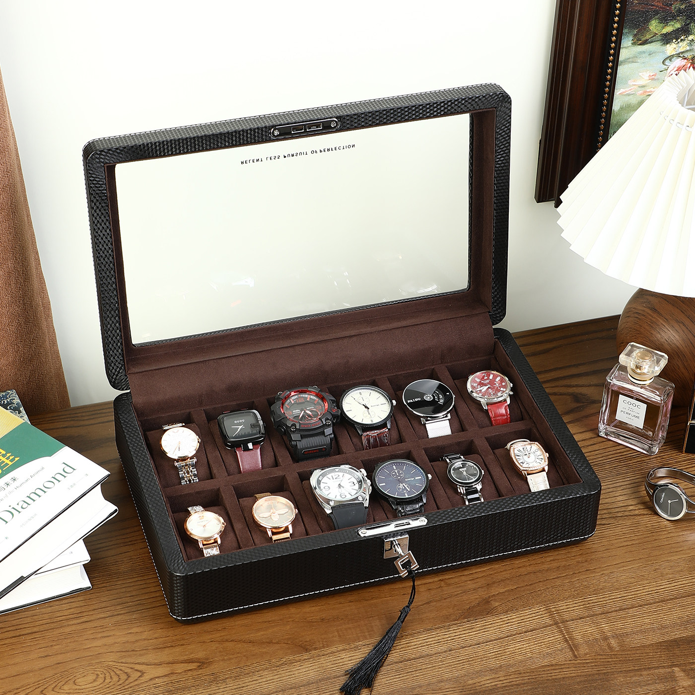 Коробка для часов Lili glass skylight watch box с рисунком из углеродного волокна, кожаная коробка для хранения часов, модная коробка для часов с замком, подарок бойфренду на день рождения