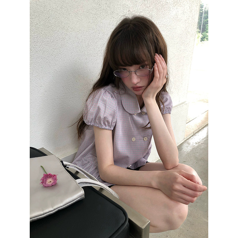Sweet retro preppy style double-breasted blouse summer girls' Peter Pan collar puff sleeve literary plaid shirt