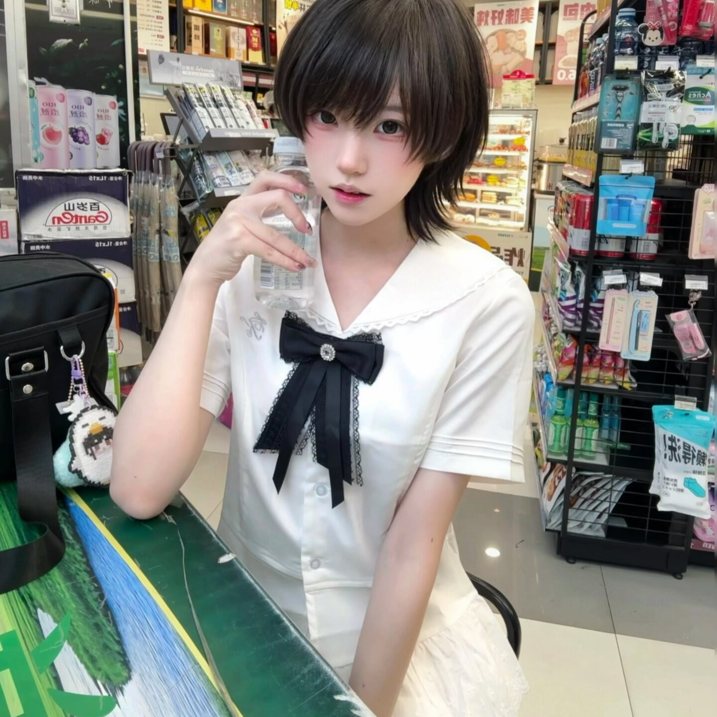 Qiyue Japanese-style schoolgirl JK shirt, short-sleeved, lace polka dot skirt, women's summer sweet and girly set