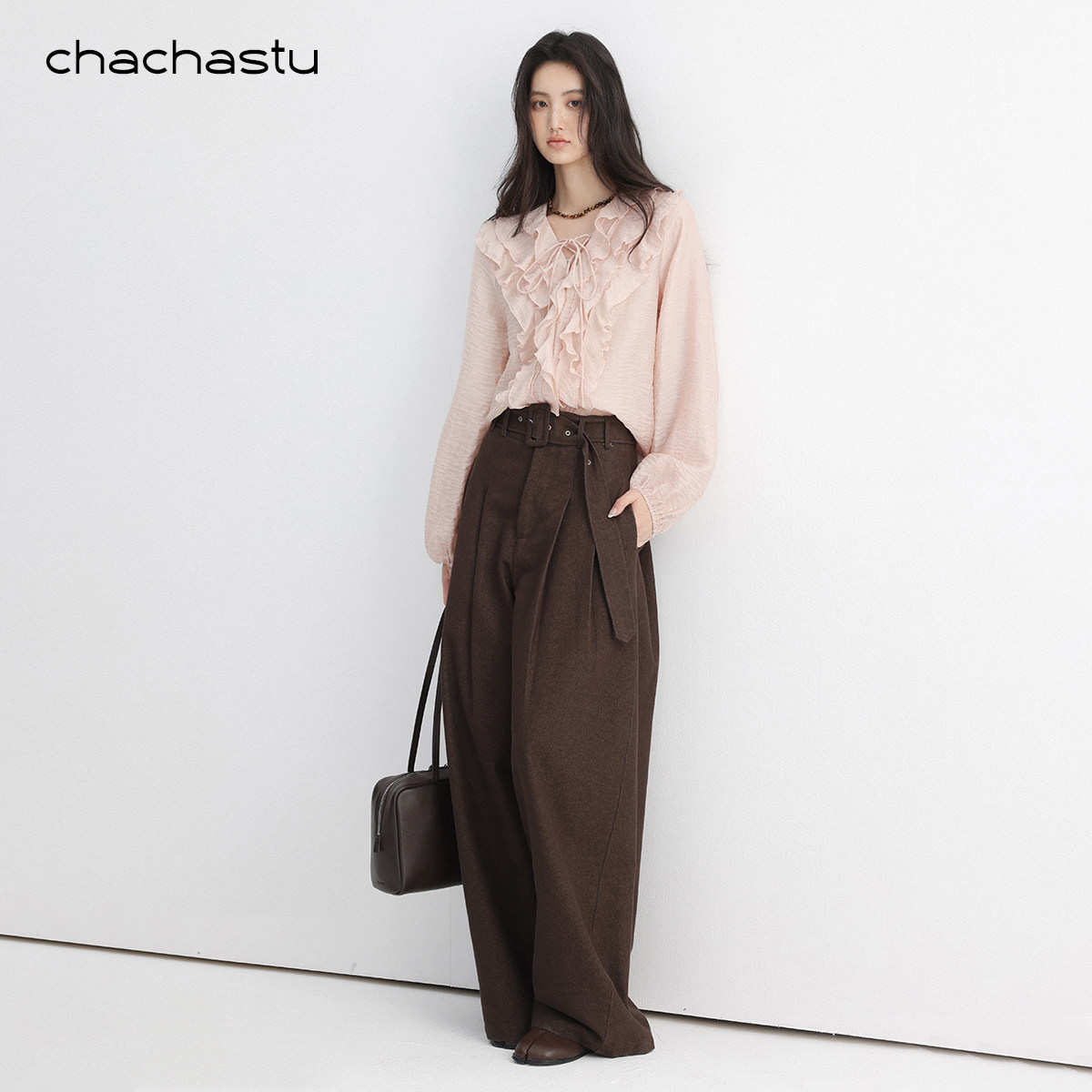 CHACHASTU atmospheric pink ruffled V-neck French-style blouse for women, spring and autumn long-sleeved shirt.