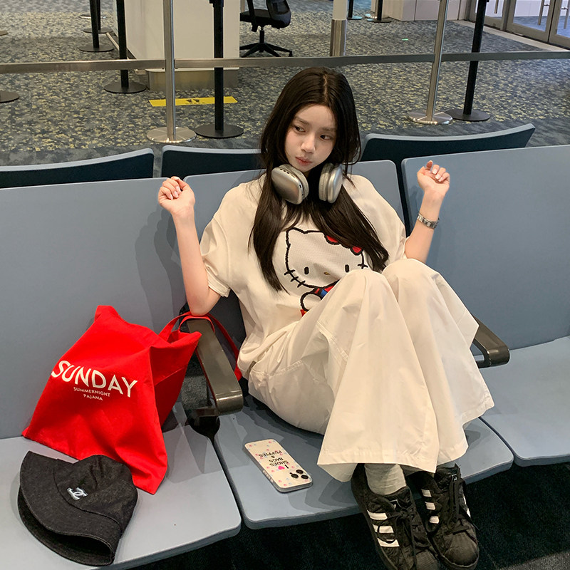 Circle cooky rebel kitty lazy, свободная летняя футболка с круглым вырезом и принтом из мультфильма kt, тонкая женская футболка с коротким рукавом