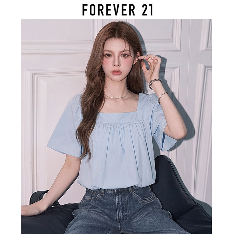 Forever 21 puff sleeve square neck blue short-sleeved shirt women's summer new loose slimming babydoll top